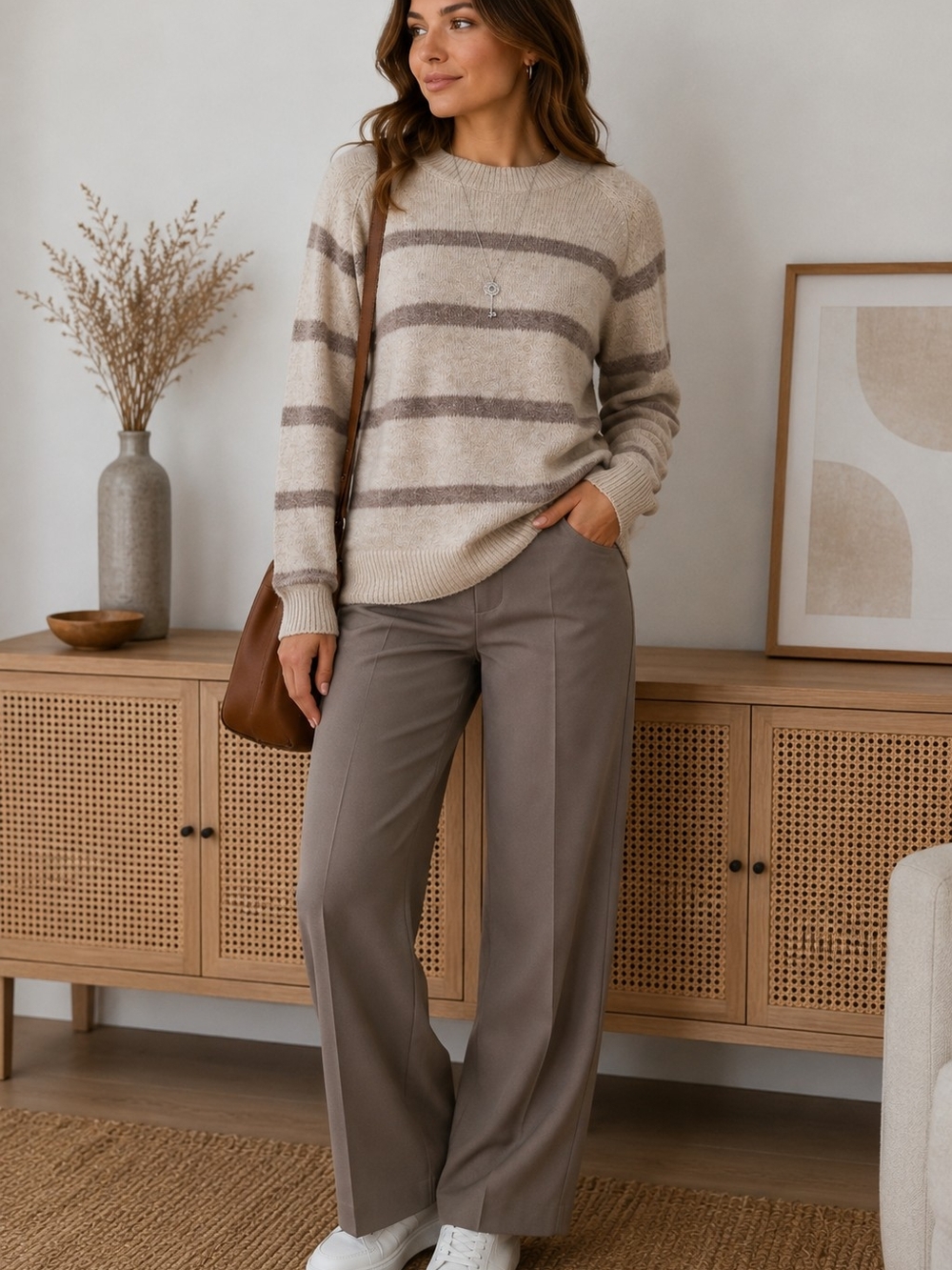 Reitmans Striped Knit Sweater – Cream & Taupe - Picture 8 of 9